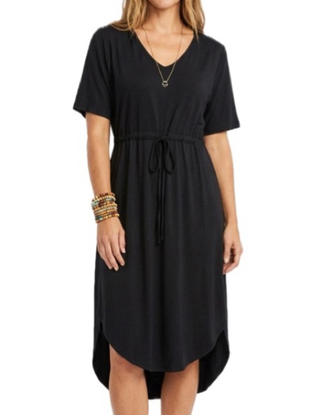 Lush Black Midi Dress Size M Short Sleeve V-Neck High Low Hem Drawstring Waist